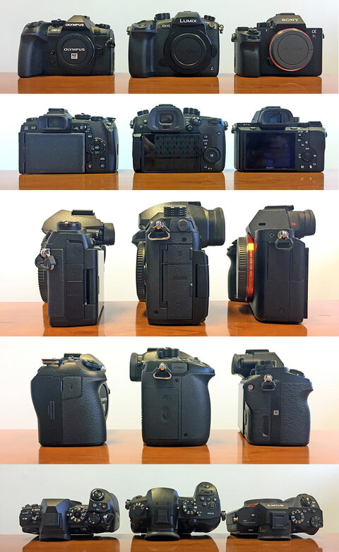 Physical comparison of Olympus E-M1 Mk II, Panasonic GH5, Sony a7R II.
